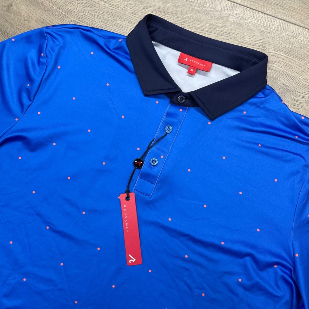 REDVANLY Ramey Polo Mens XL Marine Blue Orange Polka Dot Golf Shirt READ